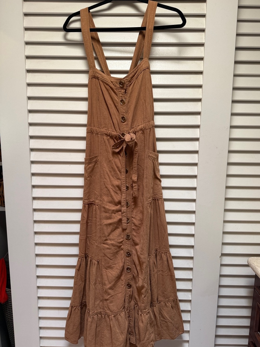 Free People Catch The Breeze- Tan Button-Front Maxi Dress with Tie Waist